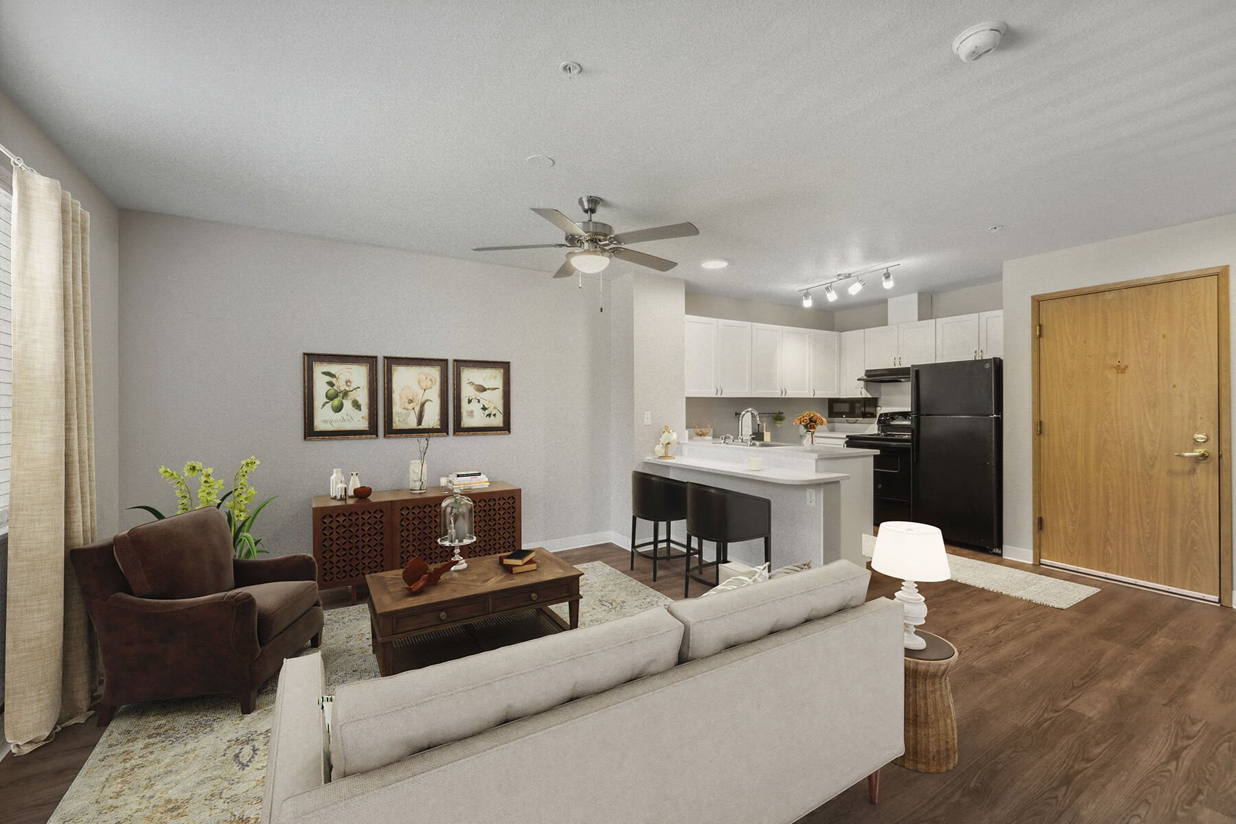 Model Living room at Auburn Court Apartments in Auburn WA